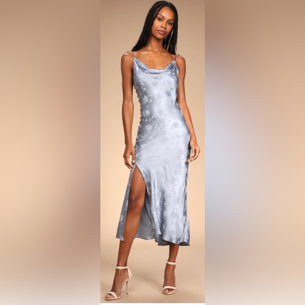 All About You Slate Blue Floral Jacquard Satin Midi Dress - Lulus